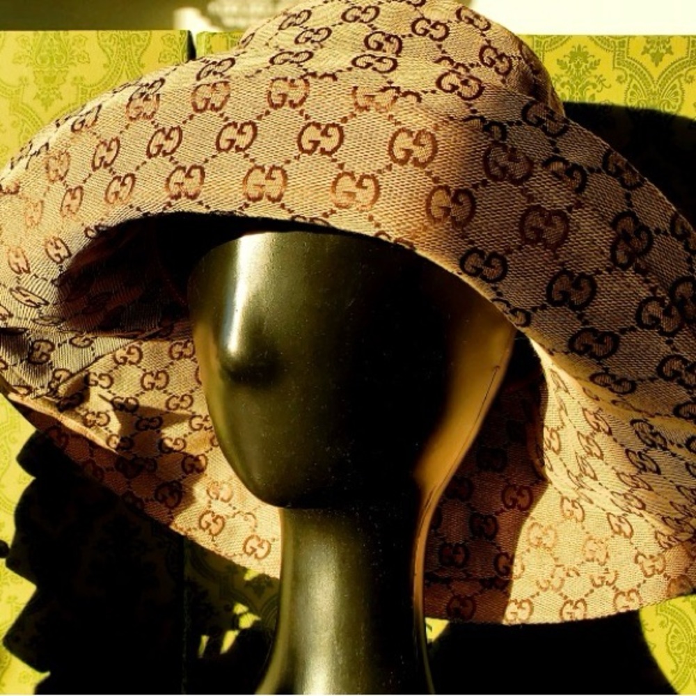 Gucci GG Beige Monogram Bucket Hat Wide Brim Large Trim Stiff Canvas Jacquard - Picture 3 of 15